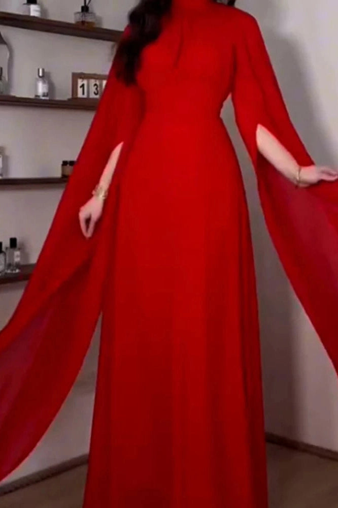 Glorol - Elegant O-Neck Slit Long Sleeve Pleated High Waist Maxi Dress