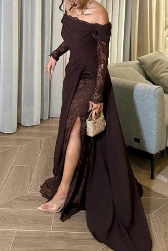 Glorol - Elegant High Waist Split Pleated Off-Shoulder Lace Maxi Dress