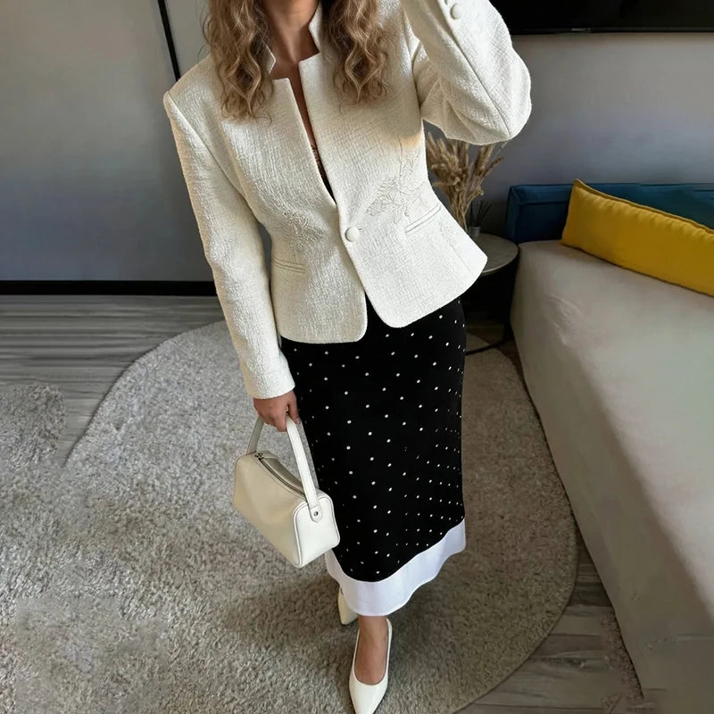 Glorol - Elegant High Waist Polka-Dot Splice Skirt