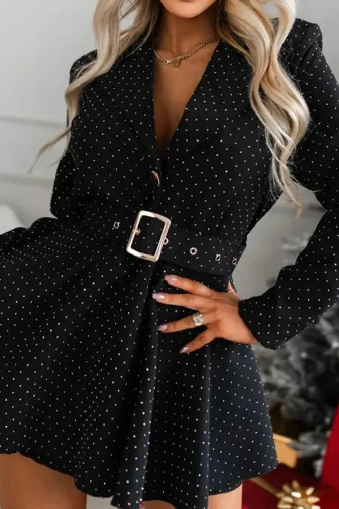 Glorol - Elegant Long Sleeve Pleated High Waist Slim Printed Mini Dress