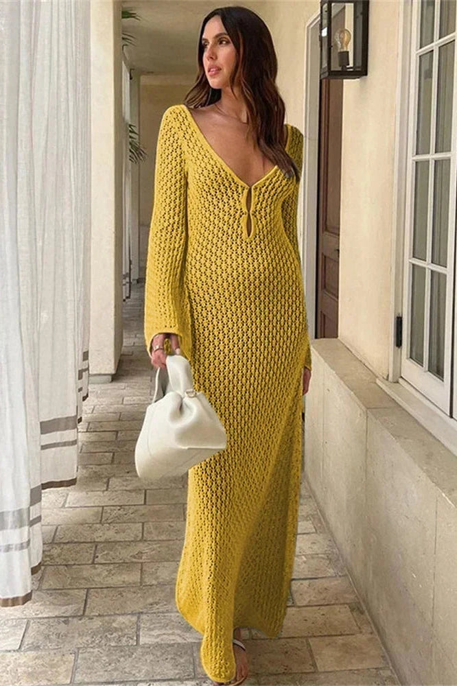 Glorol - Hollow Out Knitted Slim Maxi Dress