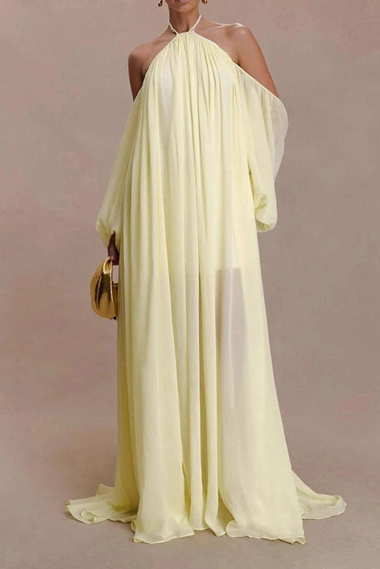 Glorol - Backless Lace Up Off Shoulder Pleat Loose Maxi Dress