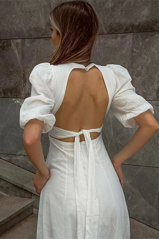 Glorol - Backless Short Sleeve Slim V-Neck High Waist Midi Dress