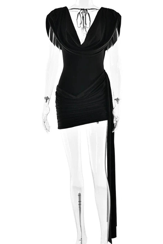 Glorol - Elegant Deep V-Neck Pleated Slim High Waist Mini Dress