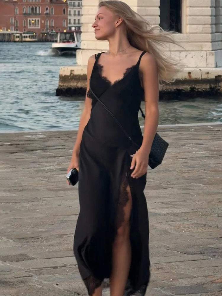 Glorol - Elegant Lace V-Neck Fitted Split Maxi Dress
