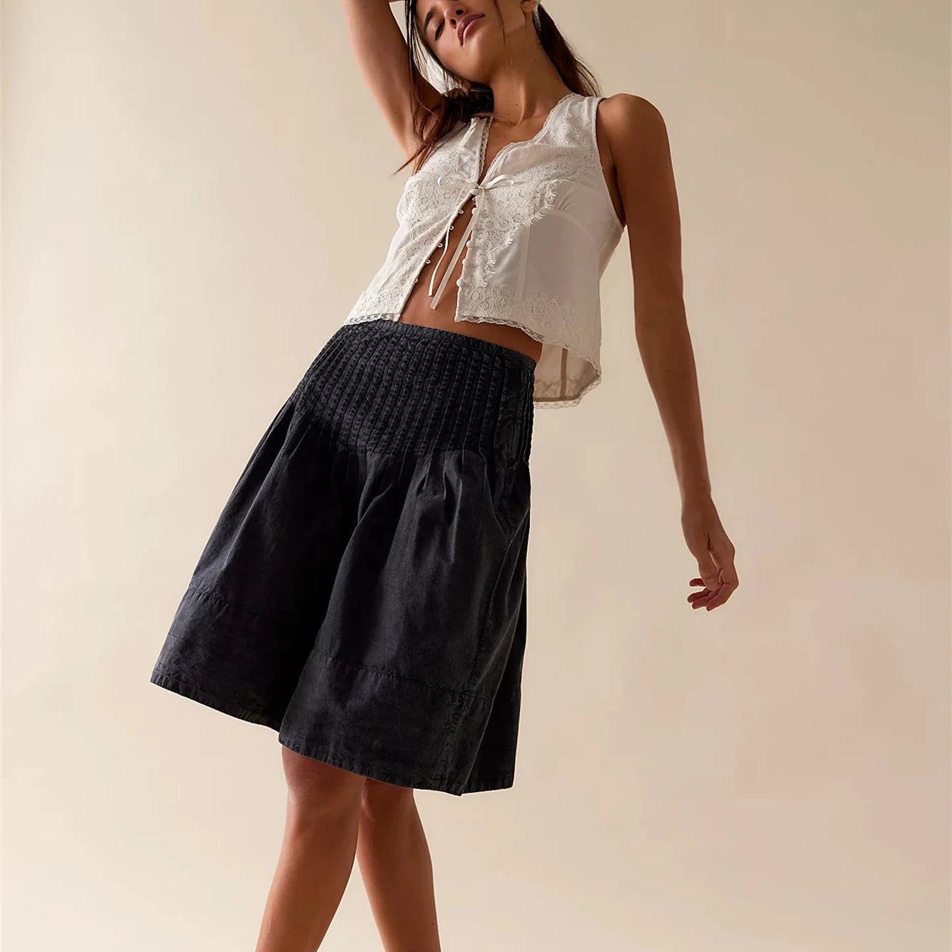 Glorol - Pleated Side Zipper High Waist Loose A-line Skirt