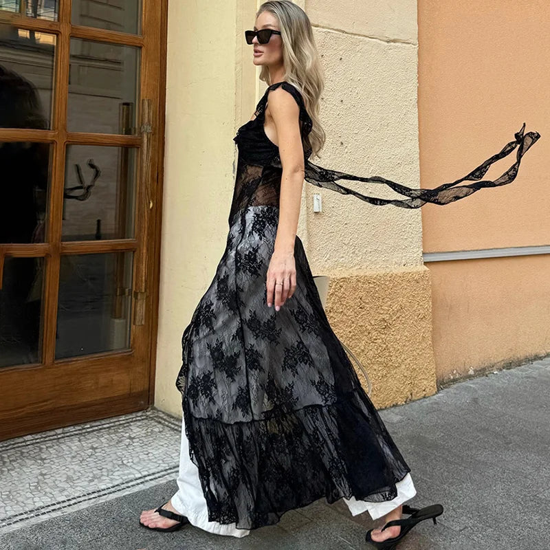 Glorol - See Through Patchwork Split Backless Maxi Dress