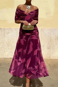 Glorol - Printed Shawl Sleeve High Waist Pleated V-Neck Off Shoulder Maxi Dress