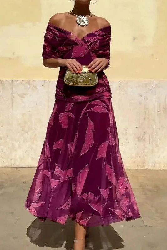 Glorol - Printed Shawl Sleeve High Waist Pleated V-Neck Off Shoulder Maxi Dress