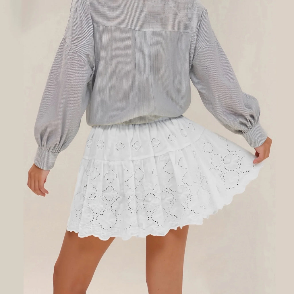 Glorol - Elastic Waist A-Line Eyelet Ruffle Skirt