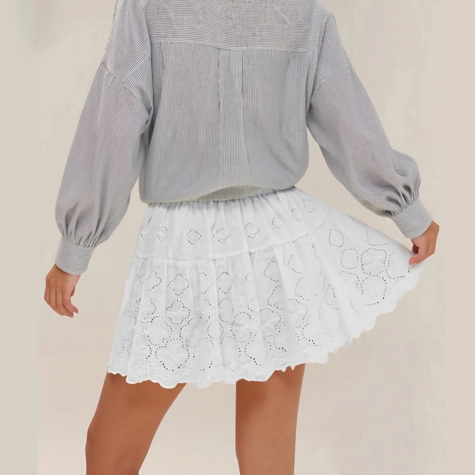 Glorol - Elastic Waist A-Line Eyelet Ruffle Skirt