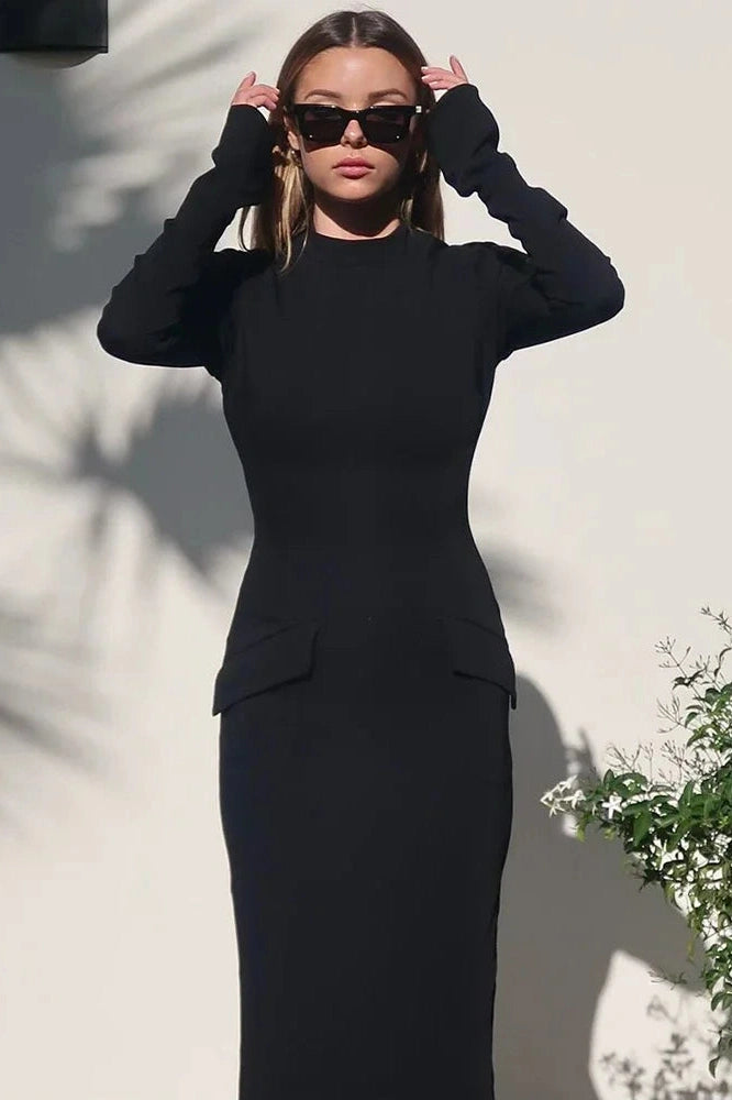 Glorol - Elegant Turtleneck Long Sleeve Maxi Dress