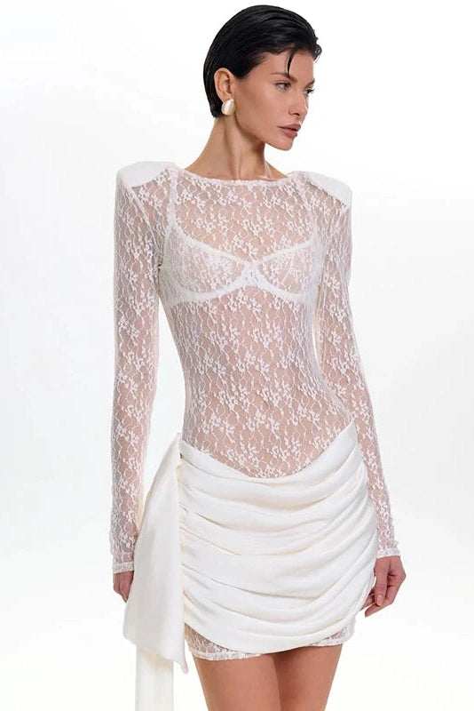 Glorol - Hollow Out Lace Long Sleeve Slim Fit Mini Dress