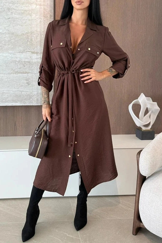 Glorol - Elegant Single Breasted Lace Up High Waist Midi Dress