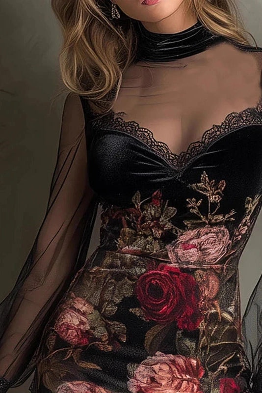 Glorol - Lace See-Through Sleeves Printed Slim High Waist Mini Dress