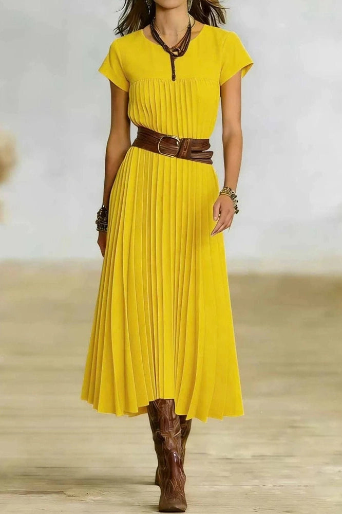 Glorol - O-Neck Short Sleeve Pleated Loose High Waist Midi Dress