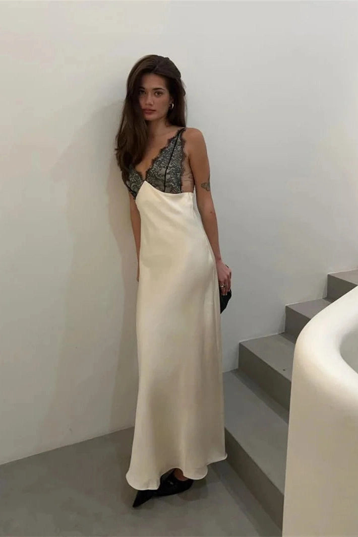 Glorol - Spaghetti Strap Lace Patchwork Deep V Neck Sleeveless Split Maxi Dress