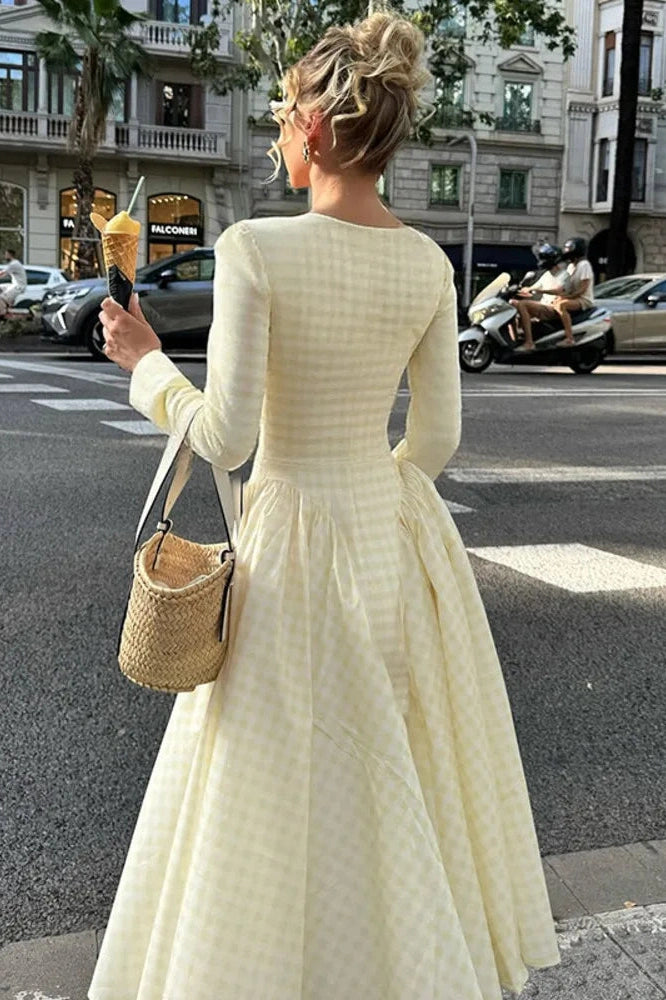 Glorol - Plaid Long Sleeve Pleated Square Collar High Waist A-line Midi Dress