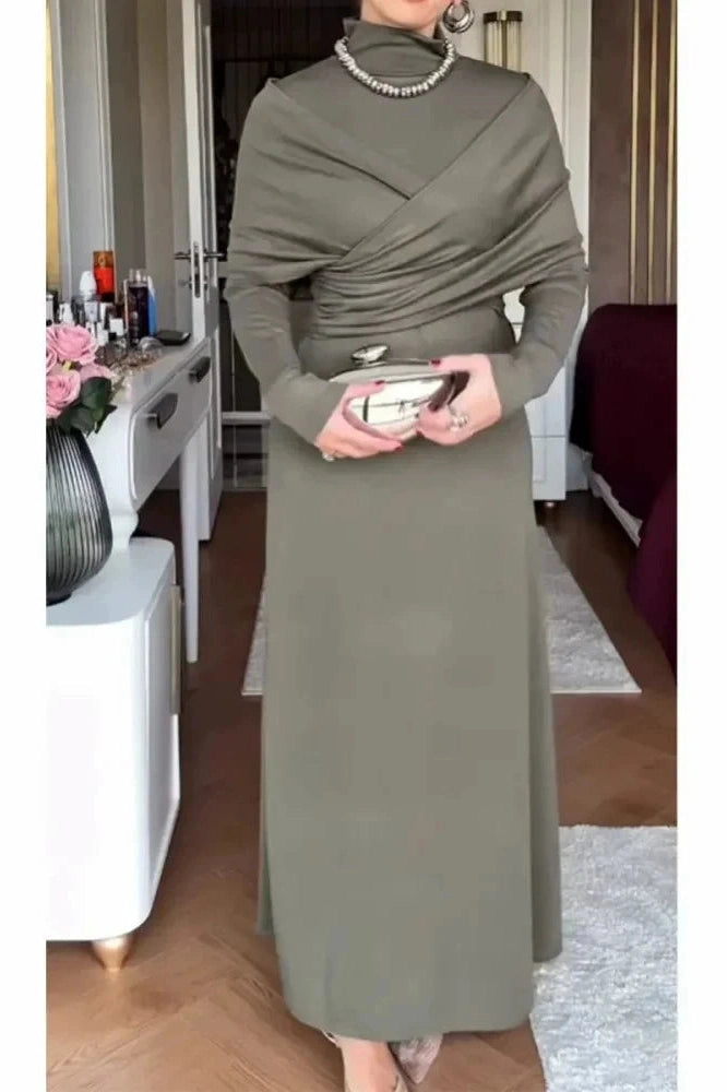 Glorol - Elegant High Waist Long Sleeve Slim Pleated Irregular Maxi Dress