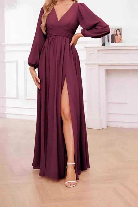 Glorol - Elegant Long Sleeve Loose V-Neck Split Maxi Dress