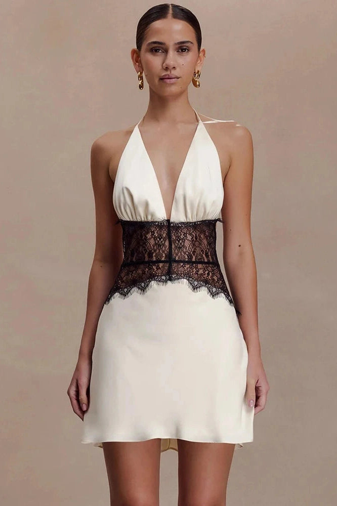 Glorol - Lace Patchwork V Neck Sleeveless Backless High Waist Mini Dress