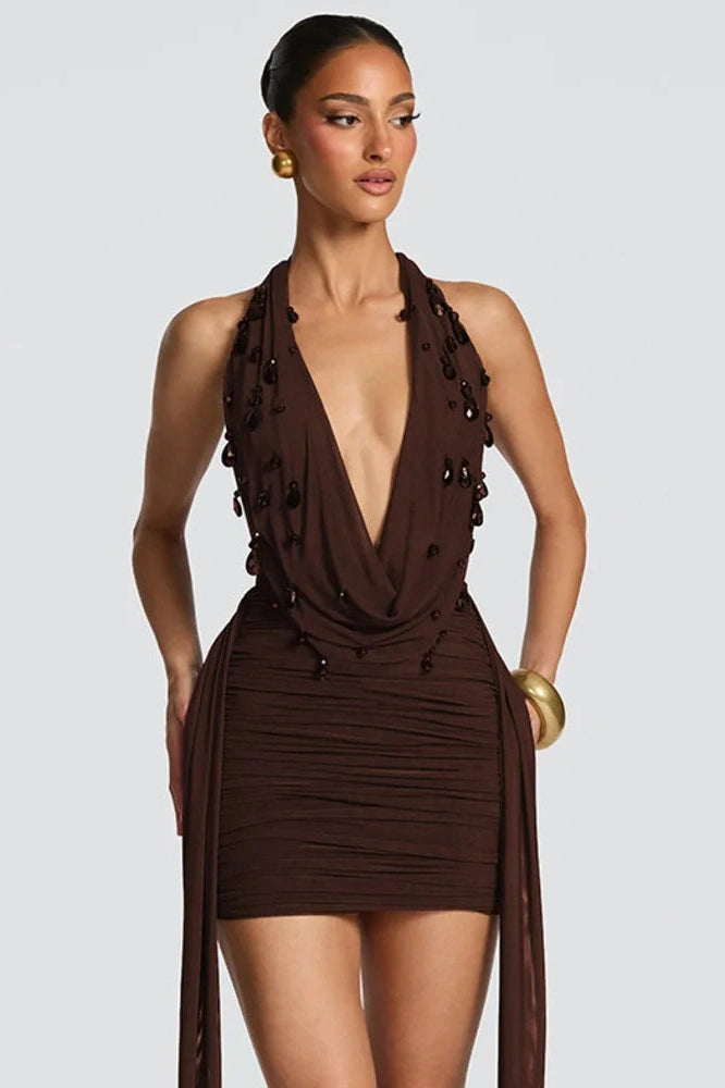 Glorol - Deep V Neck Backless Off-Shoulder Mini Dress