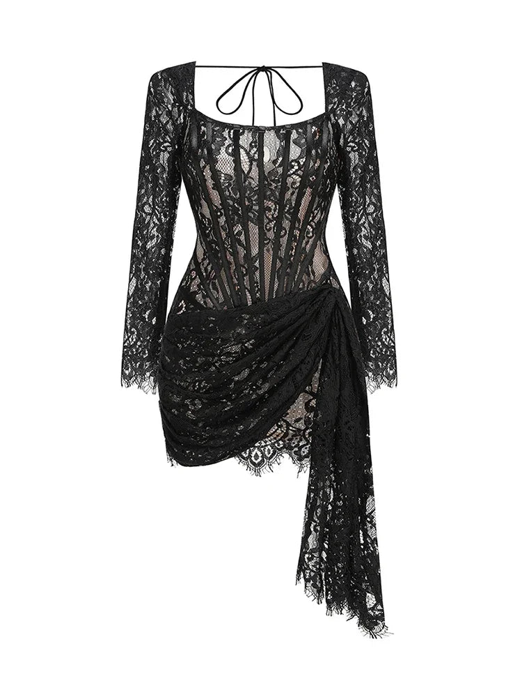 Glorol - Lace See-Through Bodycon Irregular Mini Dress