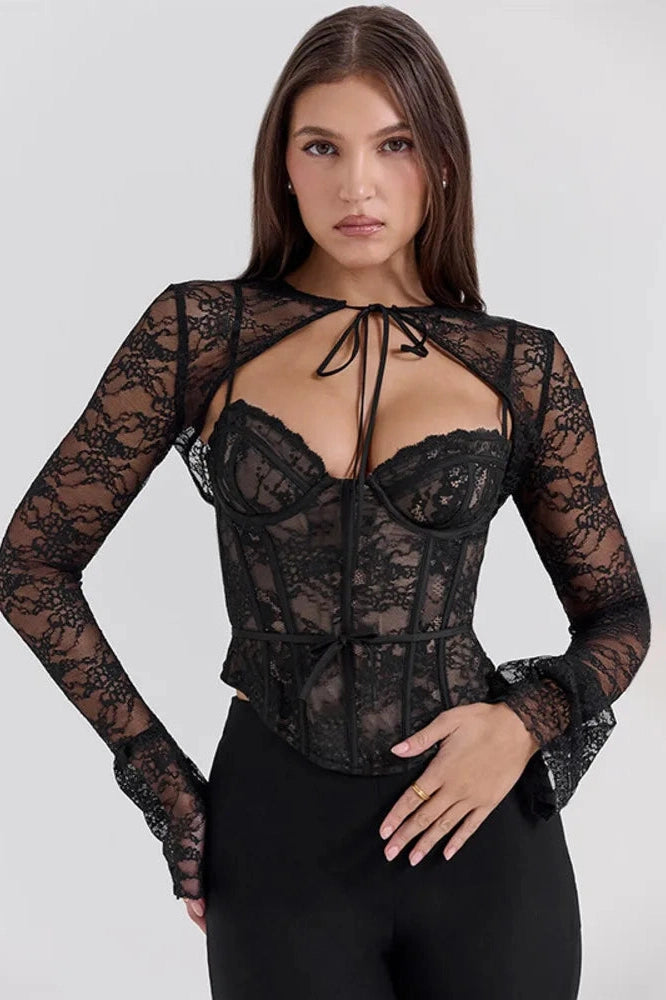 Glorol - Hollow Out Lace Long Sleeve Slim Top