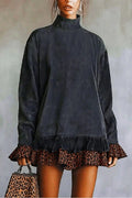 Glorol - Leopard Printed High Collar Long Sleeve Loose Mini Dress
