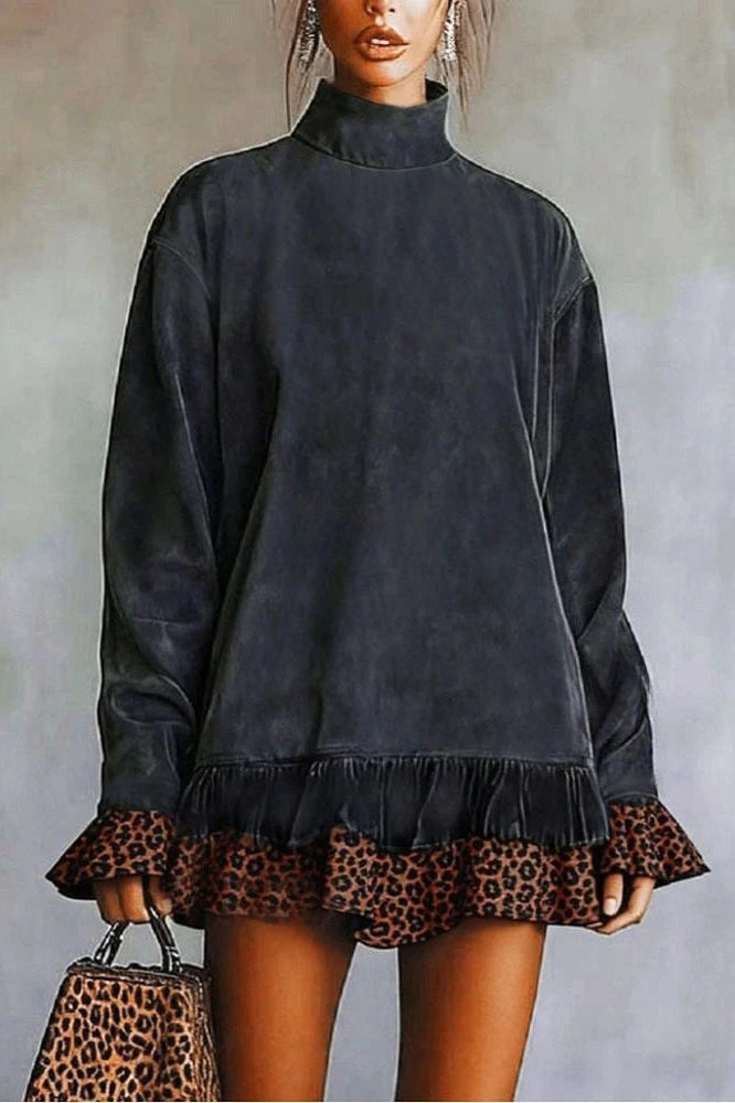 Glorol - Leopard Printed High Collar Long Sleeve Loose Mini Dress
