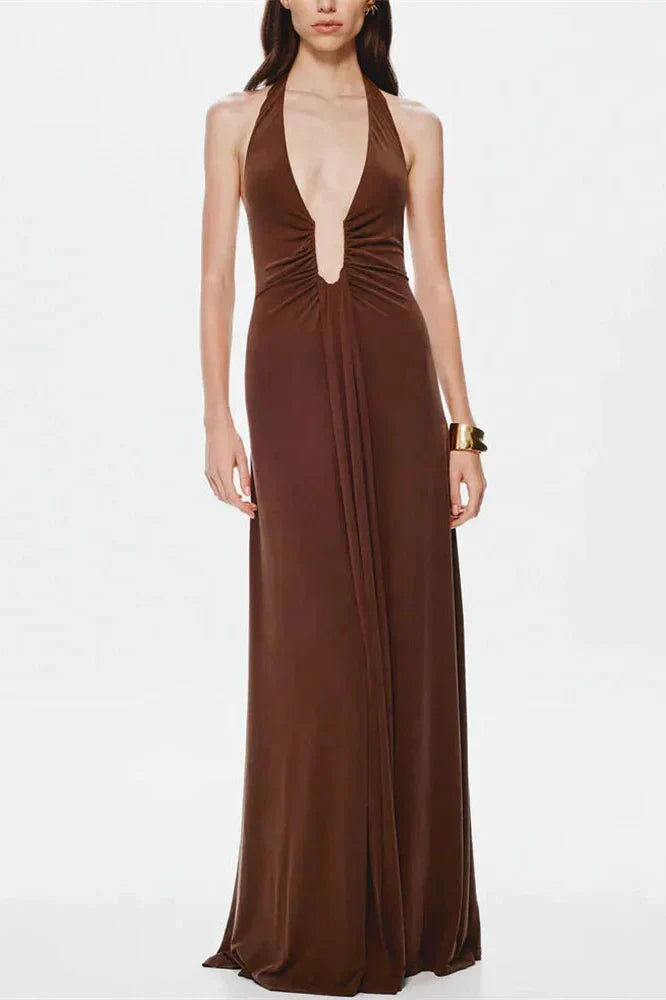 V-Neck High Waist Backless Slim Pleated Maxi Dress