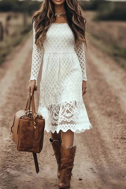 Glorol - Lace Embroidery U-Collar Long Sleeve High Waist Midi Dress