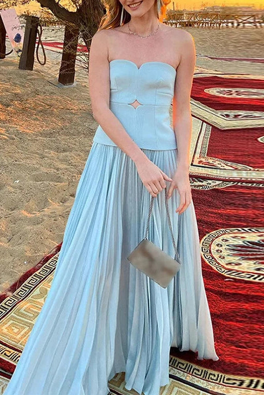 Glorol - Off Shoulder High Waist Pleated Fit Sleeveless Maxi Dress