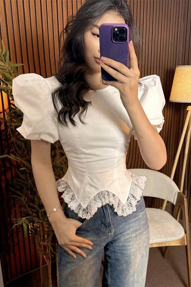 Glorol - Lace-Up Short Sleeve Patchwork Slim Top