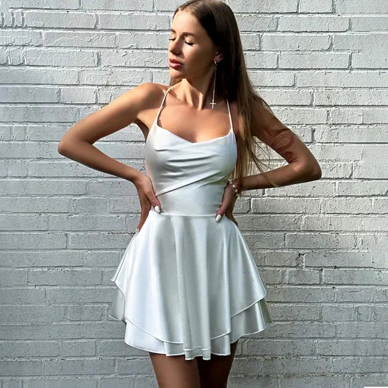 Glorol - Backless V-Neck Lace-Up Mini Dress
