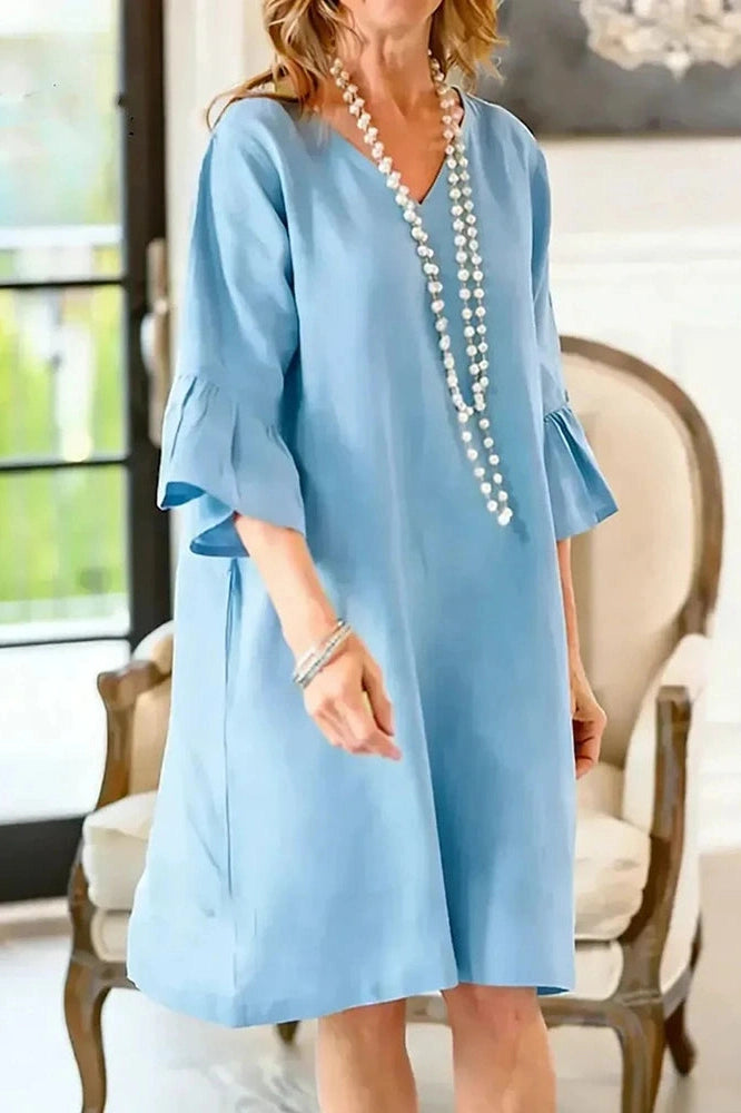 Glorol - Half Sleeve V-Neck Loose Pleated A-Line Mini Dress