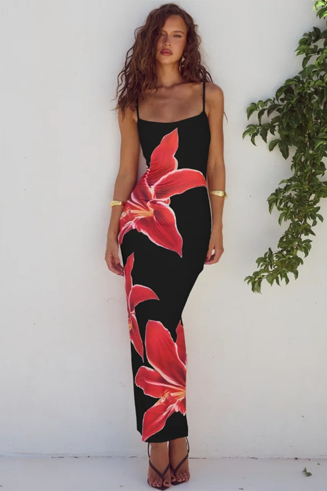 Glorol - Print Spaghetti Strap Sleeveless Backless Midi Dress