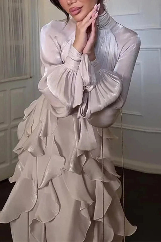 Glorol - Elegant Pleated High Collar Long Sleeve High Waist Maxi Dress