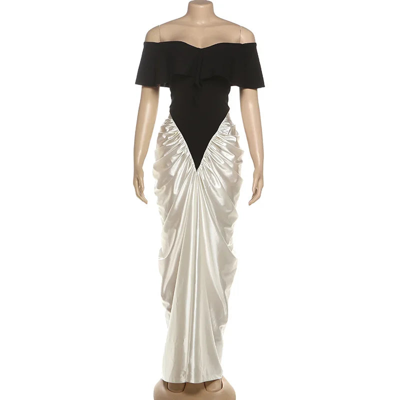 Glorol - Pleated Off Shoulder Split Bodycon Maxi Dress