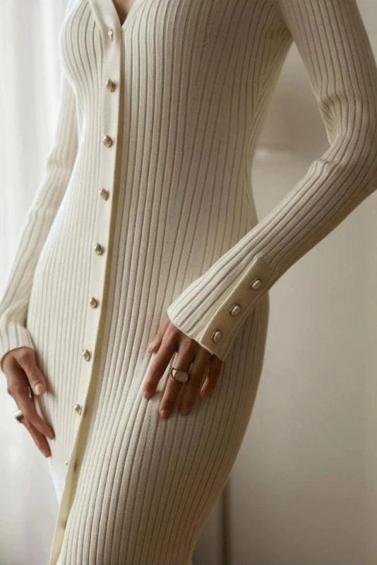 Glorol - Knitting Slim Single-Breasted Long-Sleeved V-Neck High Waist Midi Dress