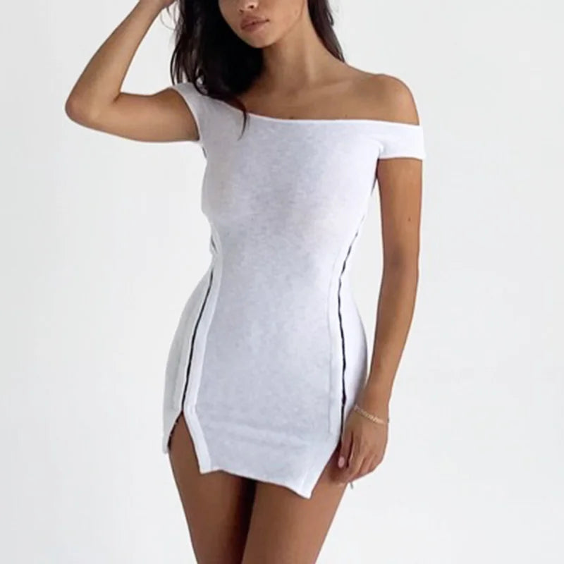 Glorol - Off Shoulder Button Patchwork Backless Mini Dress