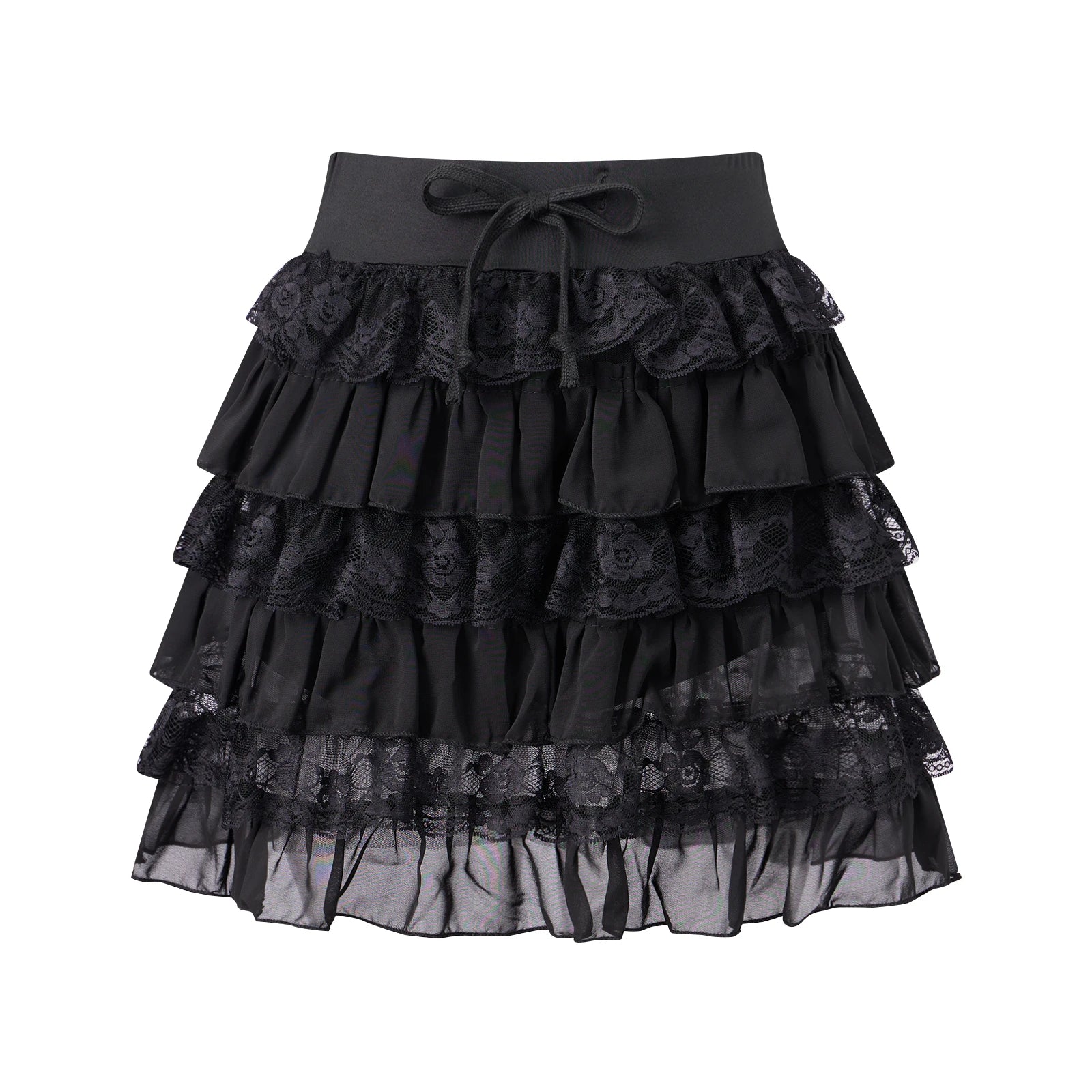 Glorol - Lace Trim Tiered Ruffle Waist Layered Skirt