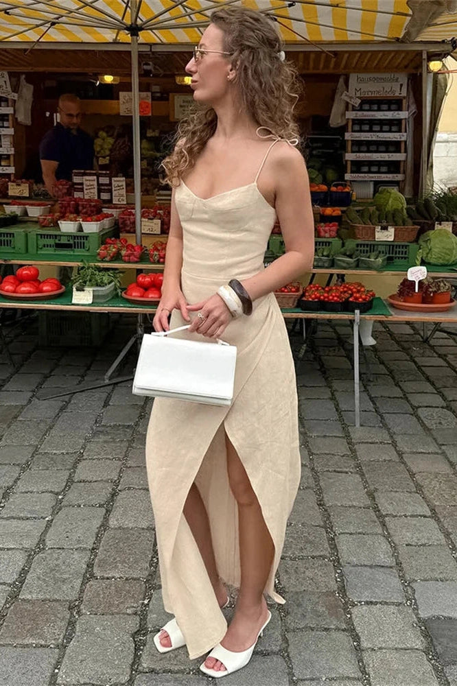 Glorol - Lace-Up Split Backless Maxi Dress