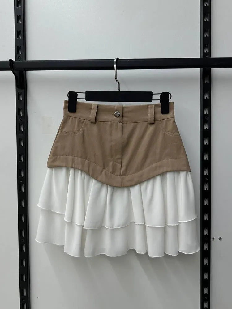 Glorol - High Waist Contrast Patchwork Pleated Skirt