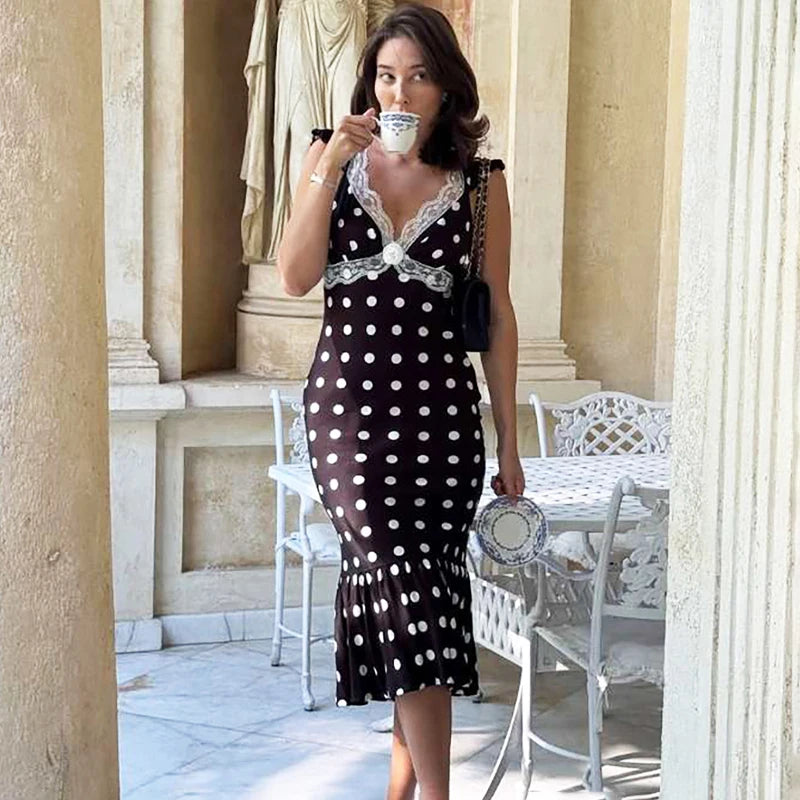 Glorol - Lace Patchwork Polka Dot V-Neck Backless Midi Dress