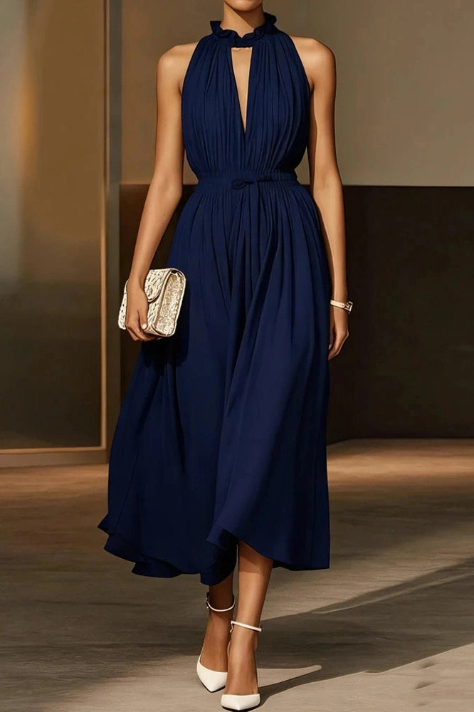 Glorol - Elegant Off-Shoulder Sleeveless High Waist Backless Pleated Midi Dress