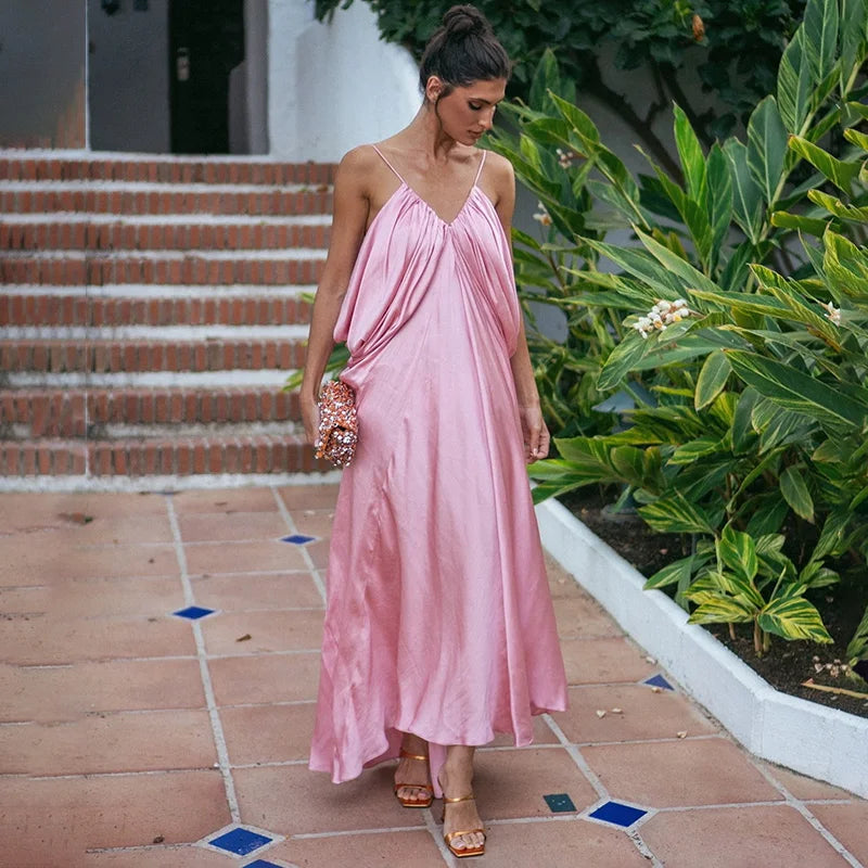 Spaghetti Strap V Neck  Loose Irregular Maxi Dress