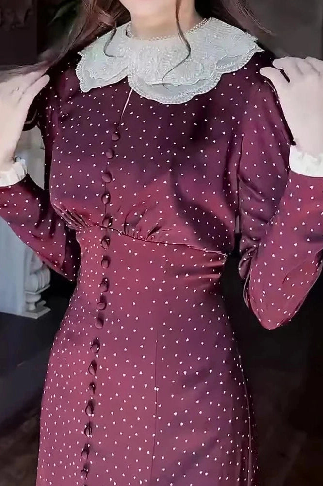 Glorol - Elegant Long Sleeve Slim Lace Up High Waist Pleat Printed Maxi Dress