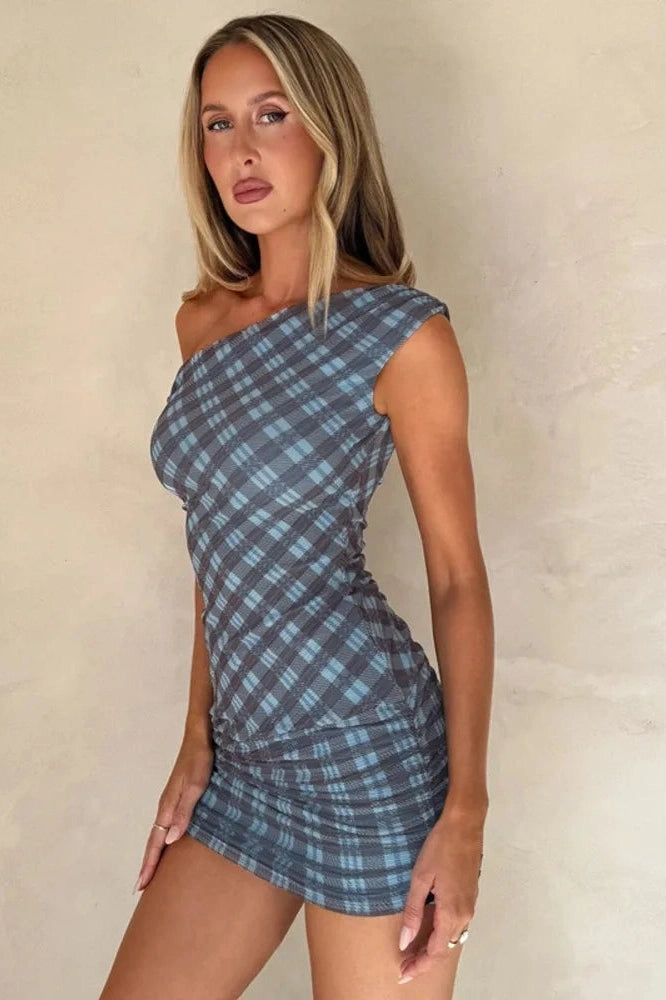 Glorol - Plaid Printed One Shoulder Backless Sleeveless Mini Dress