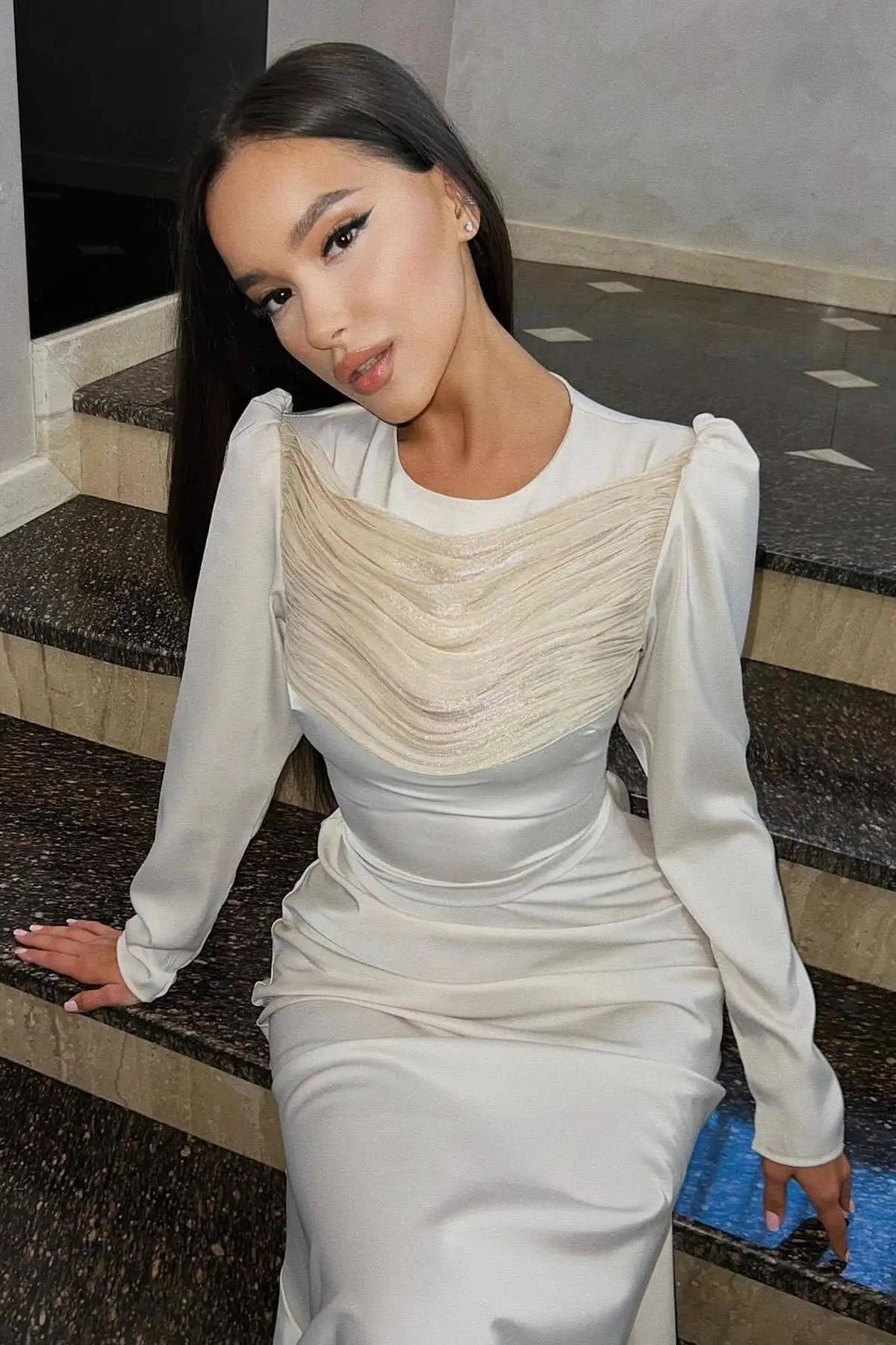 Glorol - O-Neck Long Sleeve High Waist Maxi Dress